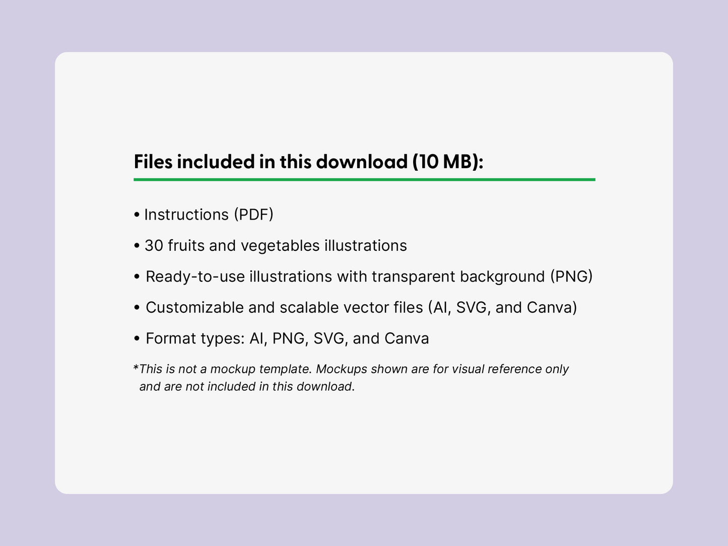 A digital product preview slide on a light lavender background, showing a white rounded rectangle with text listing included files for a 10 MB download: instructions in PDF, 30 fruit and vegetable illustrations, PNG illustrations with transparent backgrounds, customizable scalable vector files in AI, SVG, and Canva, plus a note that this is not a mockup template.