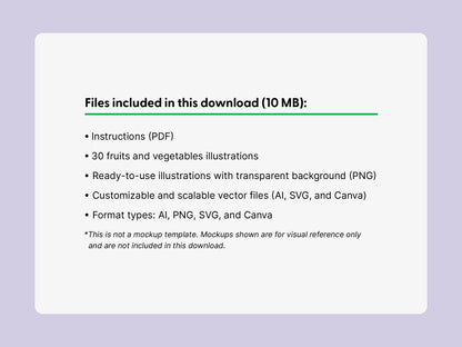A digital product preview slide on a light lavender background, showing a white rounded rectangle with text listing included files for a 10 MB download: instructions in PDF, 30 fruit and vegetable illustrations, PNG illustrations with transparent backgrounds, customizable scalable vector files in AI, SVG, and Canva, plus a note that this is not a mockup template.