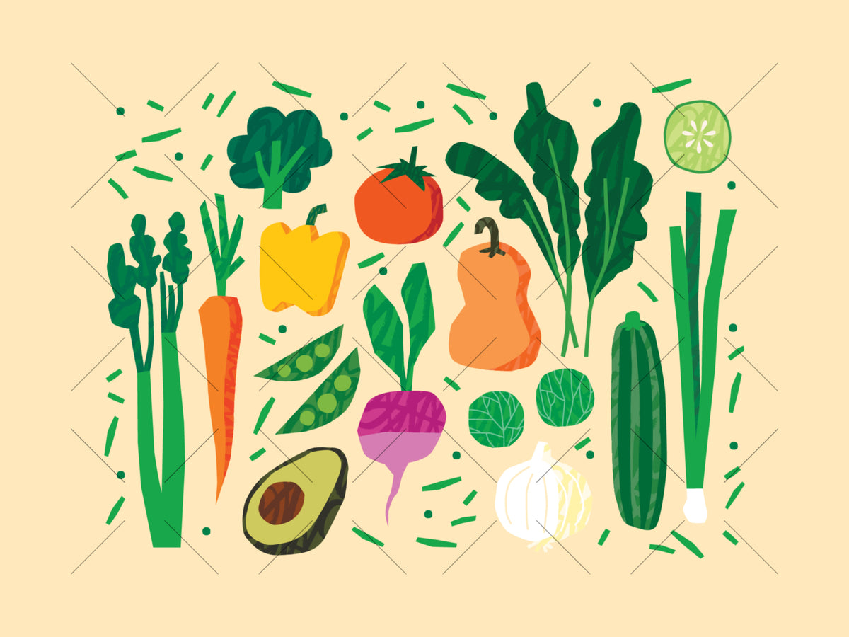 Colorful hand-drawn vegetable illustration pack featuring broccoli, tomato, carrots, leafy greens, peas, avocado, cucumber, and garlic.