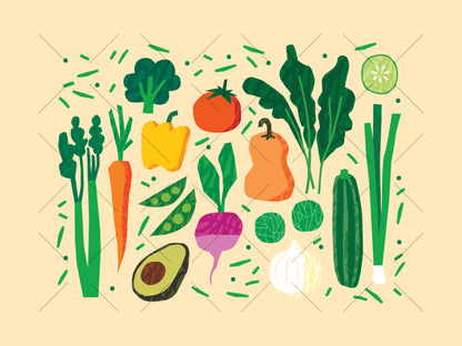Colorful hand-drawn vegetable illustration pack featuring broccoli, tomato, carrots, leafy greens, peas, avocado, cucumber, and garlic.