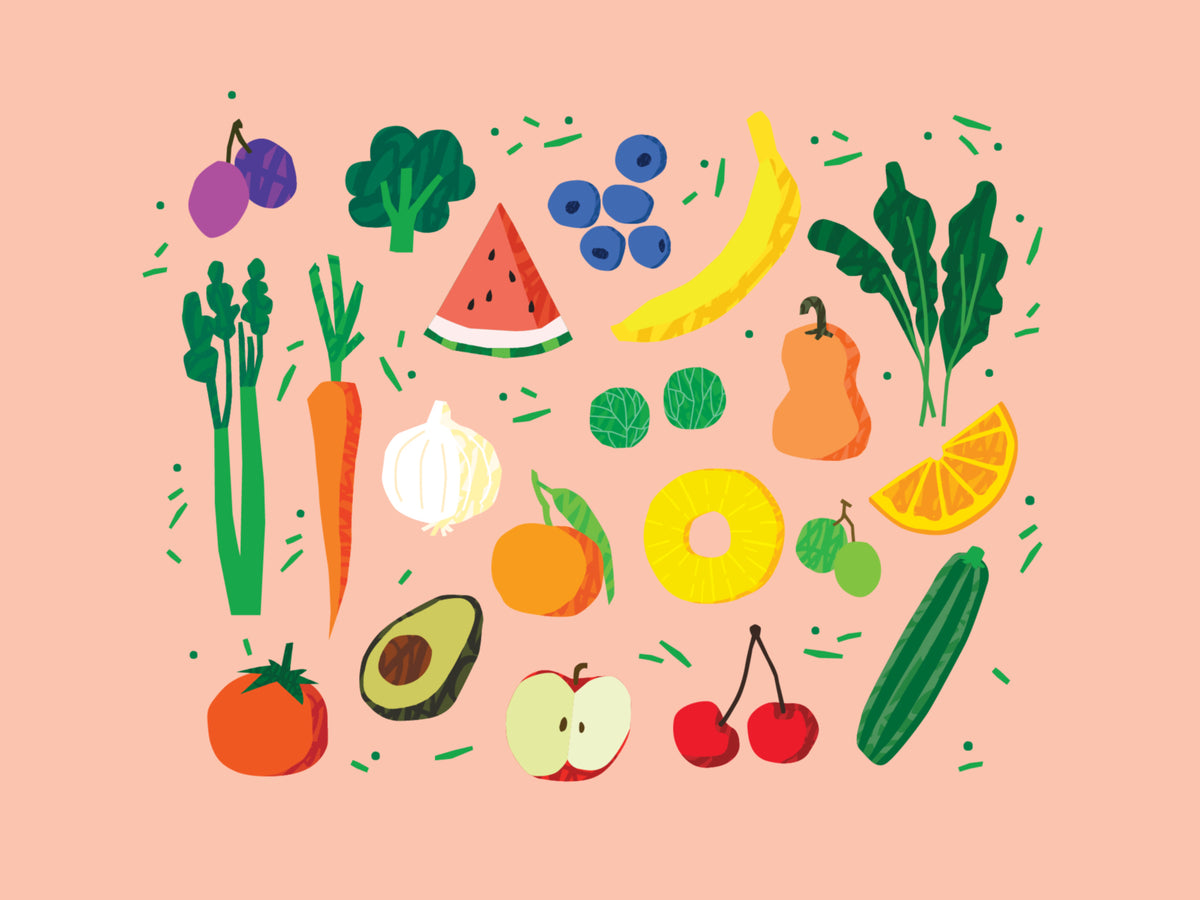 Colorful hand-drawn fruit and vegetable illustration pack featuring watermelon, banana, berries, leafy greens, carrots, and citrus.
