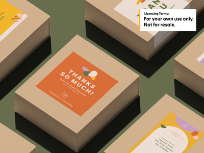 Several cardboard product boxes arranged on a dark olive background, with one box prominently showing an orange label that reads “THANKS SO MUCH!” and a white box stating “Licensing Terms: For your own use only. Not for resale."