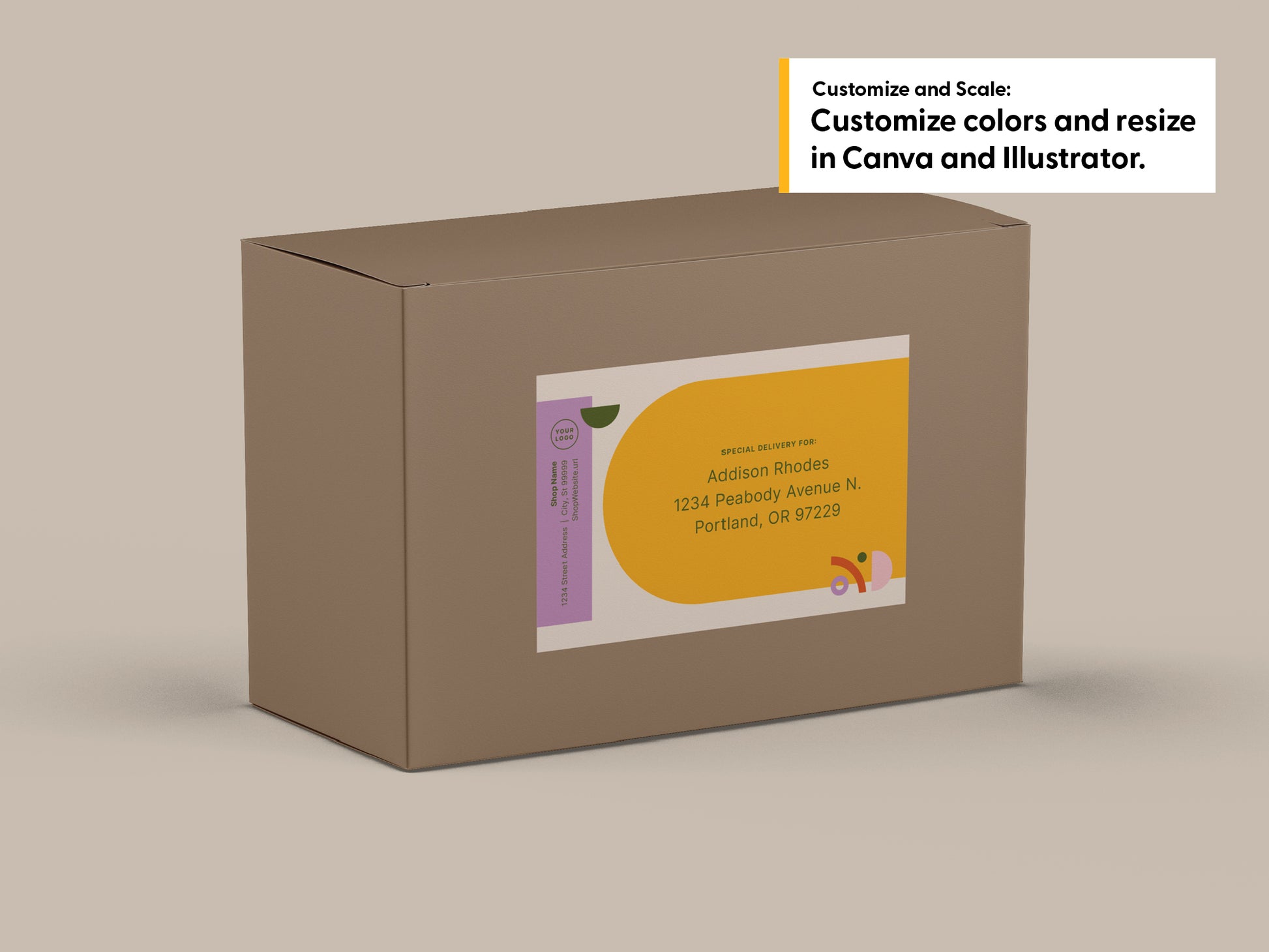 A brown shipping box mockup on a warm beige background, featuring a customizable label with a yellow and purple design.