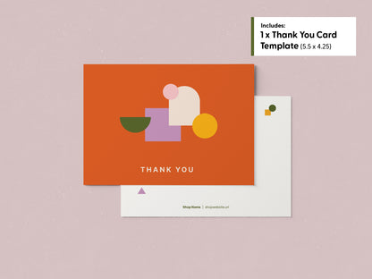 A thank you card template shown with front and back views on a soft pink background. The card has a terracotta orange front with abstract geometric shapes in pink, purple, yellow, and green, plus the words 'THANK YOU' in an off-white color.