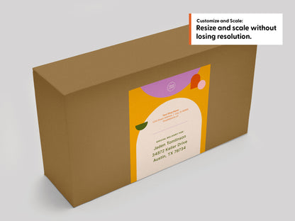 A brown shipping box shown at an angle on a light gray background, with a large printed label on the front featuring abstract shapes in purple, orange, and cream, plus sample address text.