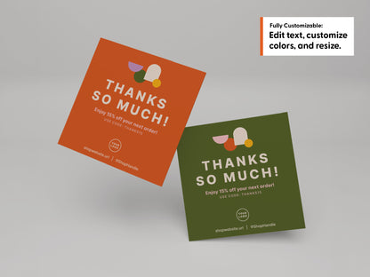 Two customizable square thank-you cards shown side by side. One thank you card is orange and the other olive green demonstrating that these templates are fully customizable.