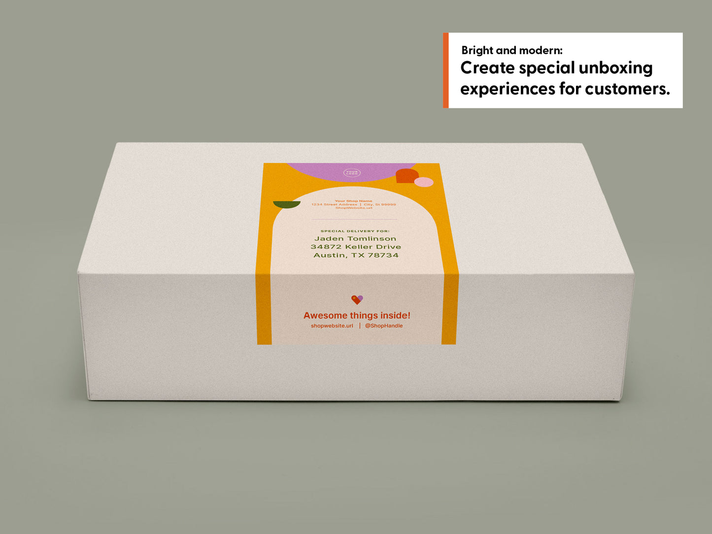 A white rectangular shipping box with a colorful orange, yellow, and purple label, shown on a solid light olive green background.