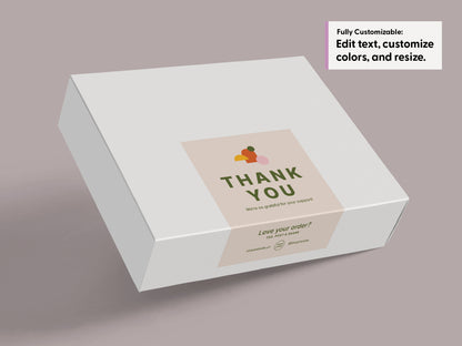 A white rectangular product box shown at an angle on a soft taupe background, with a beige packaging label on top reading “THANK YOU” and smaller text below. A small customization callout in the top-right says “Fully Customizable: Edit text, customize colors, and resize.