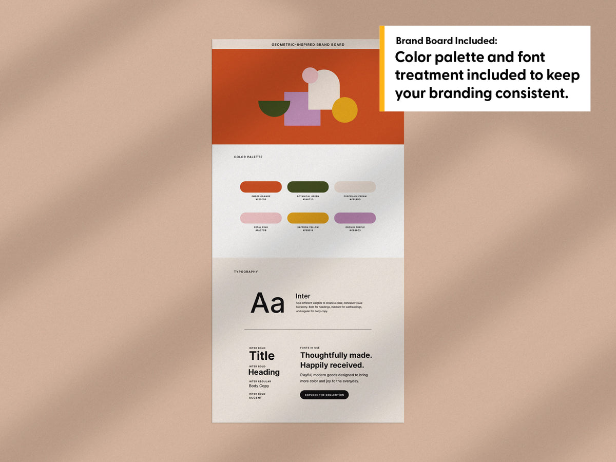 A vertical brand board mockup on a warm beige background with soft shadows. The mockup shows a brand board page with geometric shapes at the top, a color palette section, and typography examples.