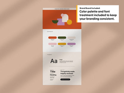 A vertical brand board mockup on a warm beige background with soft shadows. The mockup shows a brand board page with geometric shapes at the top, a color palette section, and typography examples.