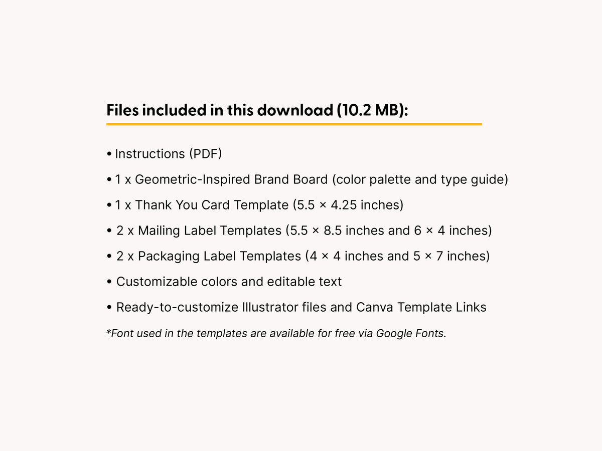 A slide detailing the files included in this digital download, featuring a list of instructions (PDF), a brand board, a thank you card template, mailing label templates, and packaging label templates on a light background.