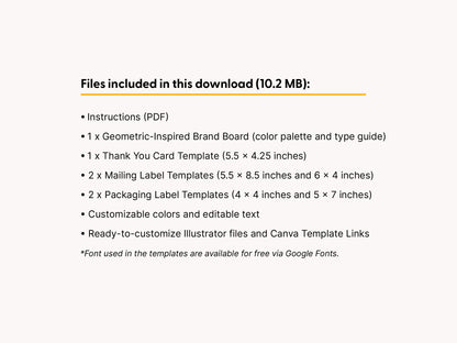 A slide detailing the files included in this digital download, featuring a list of instructions (PDF), a brand board, a thank you card template, mailing label templates, and packaging label templates on a light background.