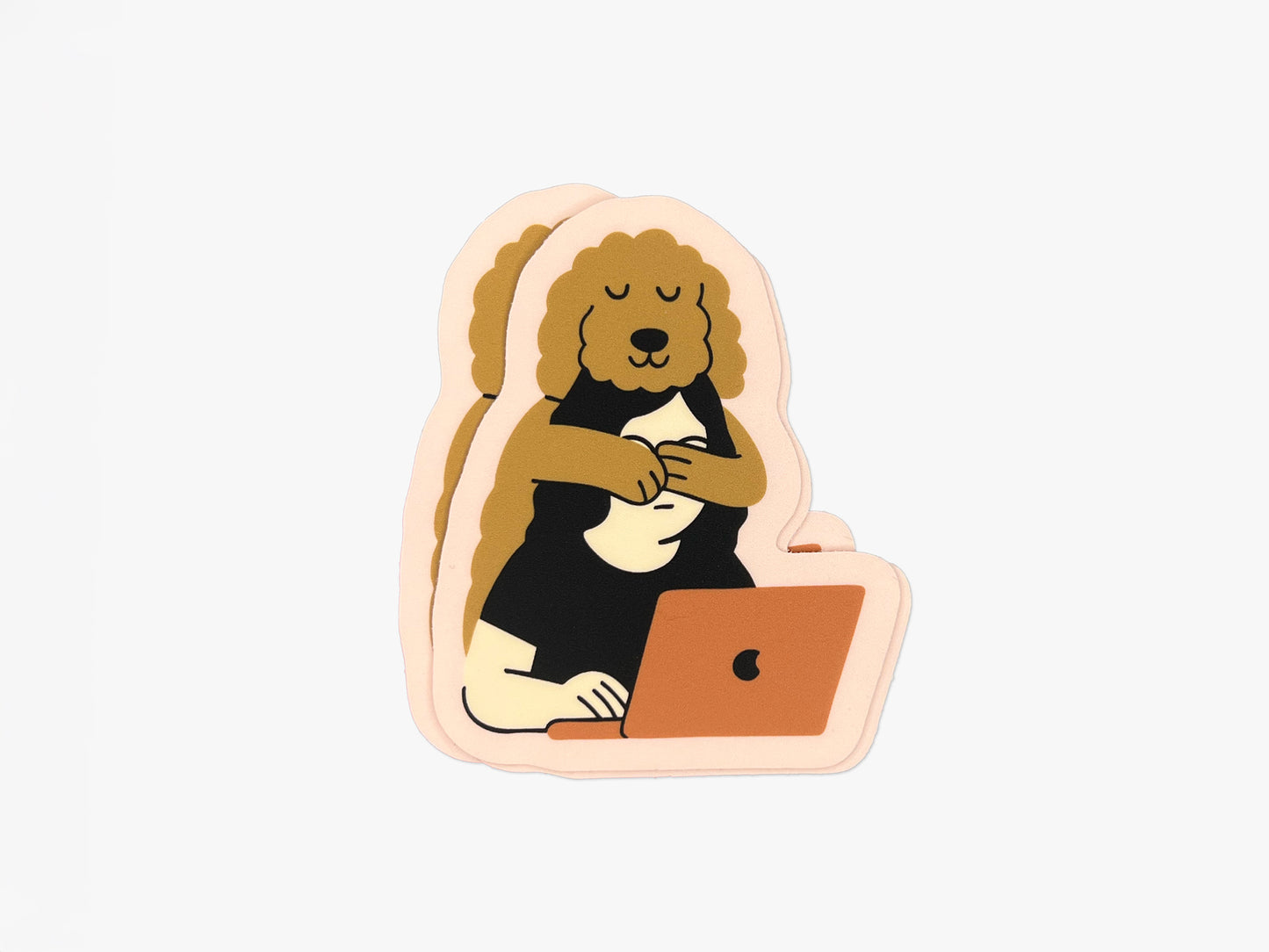 Small stack of matte die cut stickers on a white background, showing an illustration of a golden doodle hugging its human from behind while the person works on a laptop. Stickers have a soft pink border and warm neutral colors.