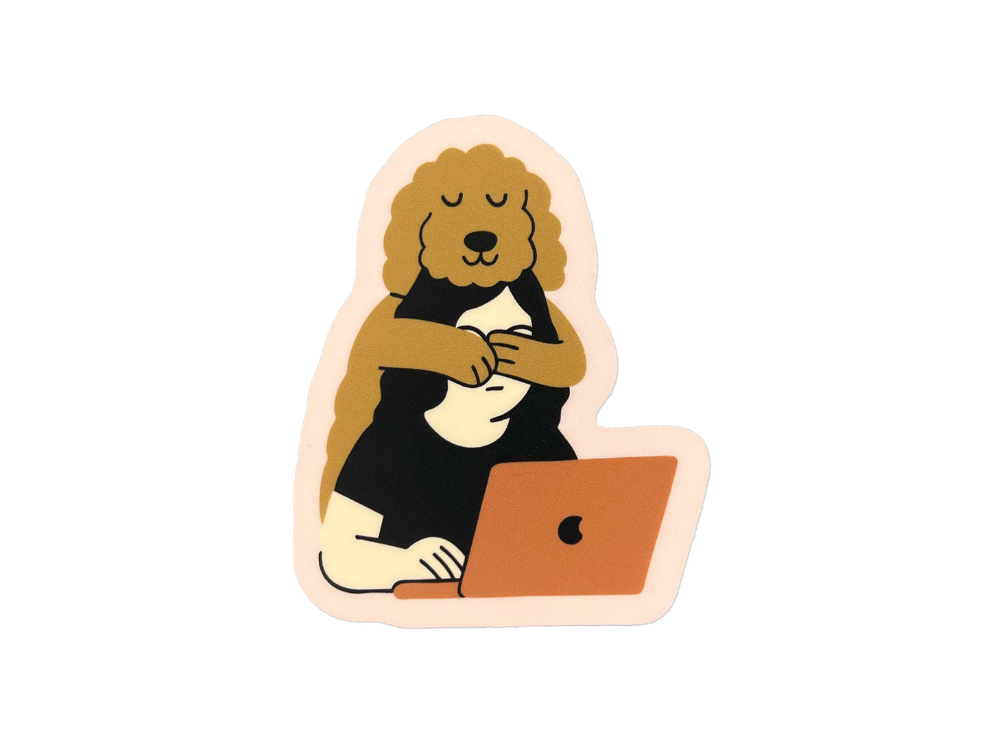 Die cut matte vinyl sticker showing an illustration of a golden doodle hugging its human from behind while the person works on a laptop. The dog’s eyes are closed, and the sticker has a soft pink border with warm neutral colors.
