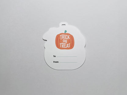 Back of gift tags includes an illustration of a pumpkin with "Trick or Treat" text.