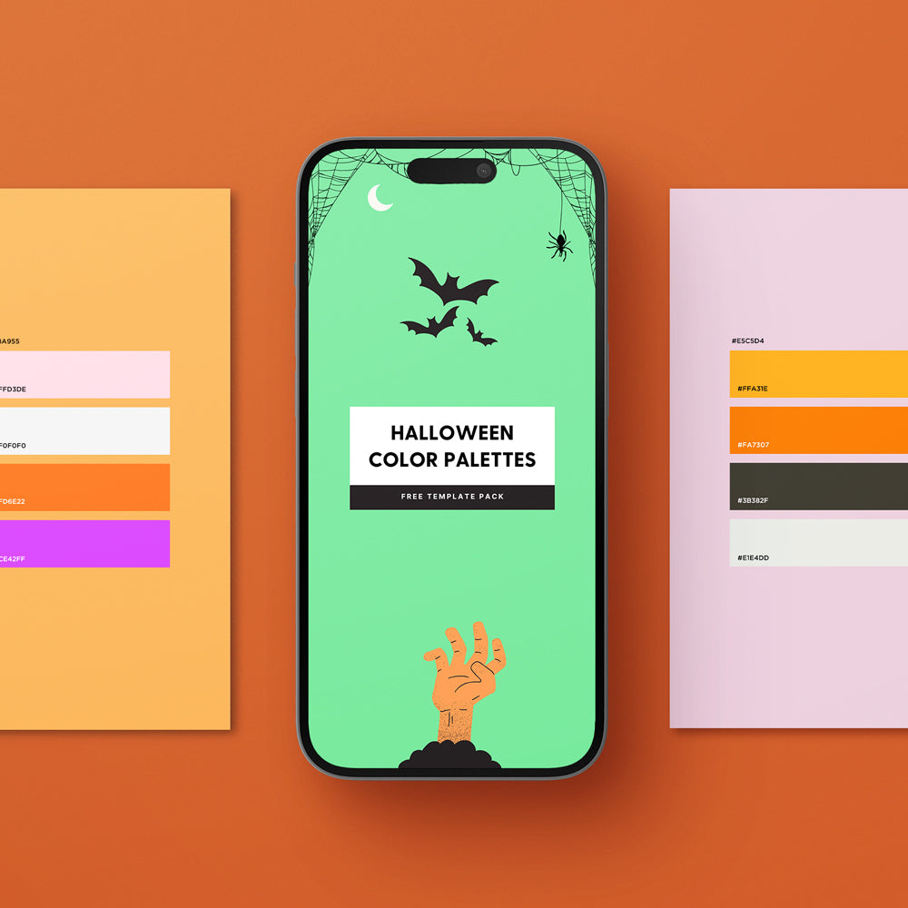 The image shows a smartphone with "Halloween Color Palettes - Free Template Pack" on a mint green background with bats, a spider, and a spooky hand. Two color palette sheets with hex codes are on either side against a burnt orange background.