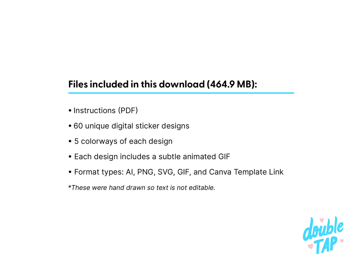 A digital listing slide detailing the files included in a download package, featuring a bulleted list of instructions, 60 digital sticker designs, and various file formats on a white background with a 'double TAP' design in the bottom right corner.
