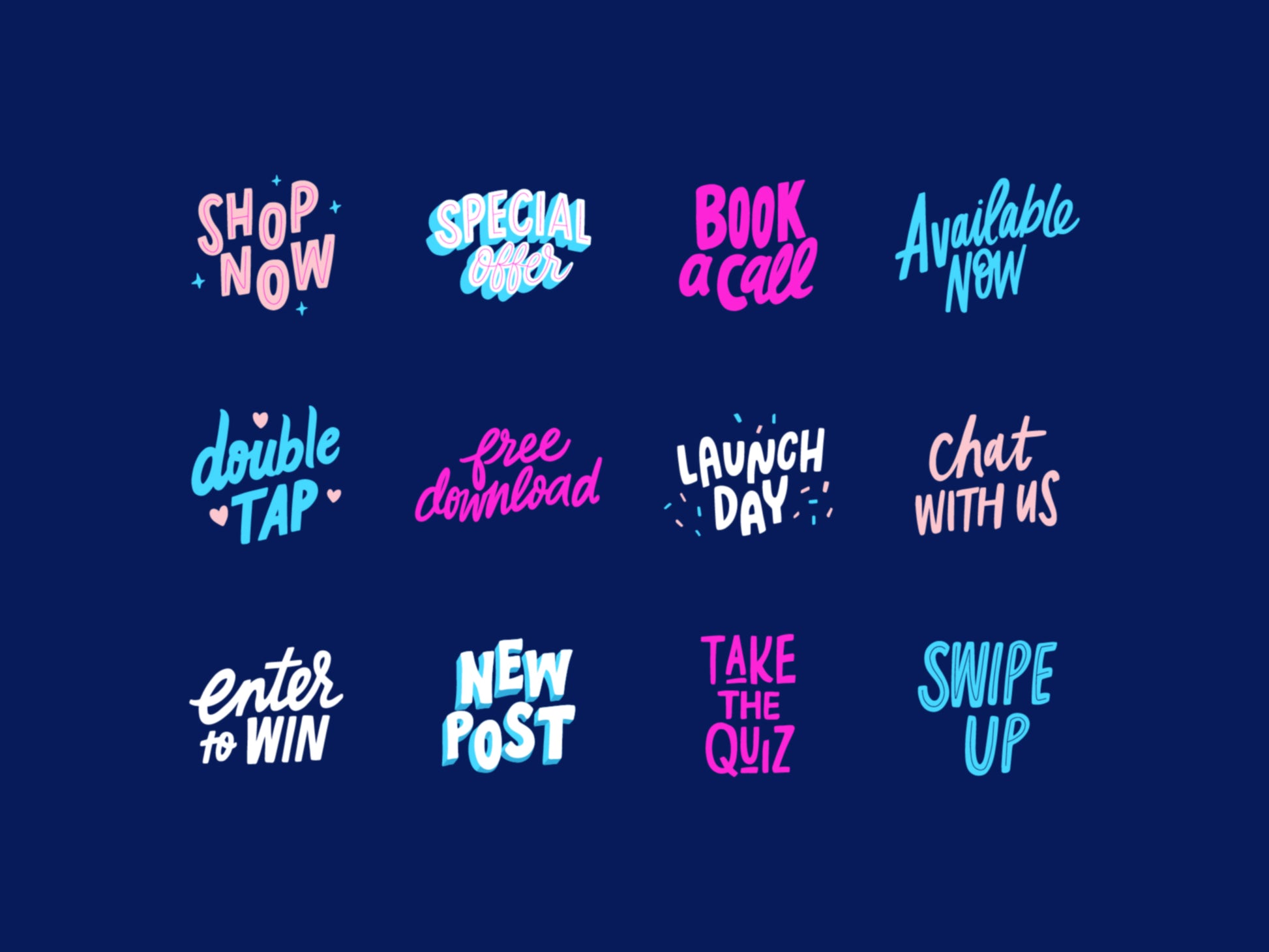 A grid of 12 hand-lettered digital stickers on a dark blue background, including 'SHOP NOW', 'SPECIAL ORDER', 'BOOK a call', 'Available Now', 'double TAP', 'free download', 'LAUNCH DAY', 'Chat WITH US', 'enter to WIN', 'NEW POST', 'TAKE THE QUIZ', and 'SWIPE UP'.