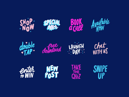 A grid of 12 hand-lettered digital stickers on a dark blue background, including 'SHOP NOW', 'SPECIAL ORDER', 'BOOK a call', 'Available Now', 'double TAP', 'free download', 'LAUNCH DAY', 'Chat WITH US', 'enter to WIN', 'NEW POST', 'TAKE THE QUIZ', and 'SWIPE UP'.