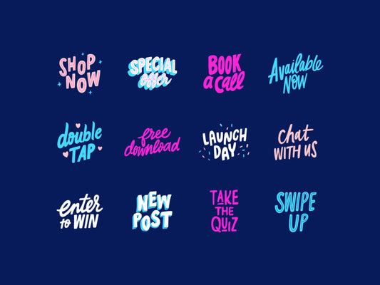 A grid of 12 hand-lettered digital stickers on a dark blue background, including 'SHOP NOW', 'SPECIAL ORDER', 'BOOK a call', 'Available Now', 'double TAP', 'free download', 'LAUNCH DAY', 'Chat WITH US', 'enter to WIN', 'NEW POST', 'TAKE THE QUIZ', and 'SWIPE UP'.
