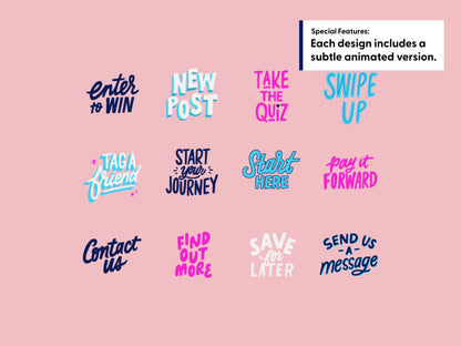 A graphic showing multiple hand-drawn motivational phrase designs in blue, purple, and pink, plus a white box with special features text about animated versions of each design included.