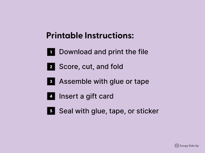 Step-by-step instructions for assembling a printable hippo gift card holder. This digital file guides users through printing, cutting, folding, and gluing to create a cute envelope for gift cards. Perfect for birthdays, baby showers, and kids parties. Great for shoppers looking for a quick and easy DIY paper craft or handmade gift solution using home printer and basic tools.
