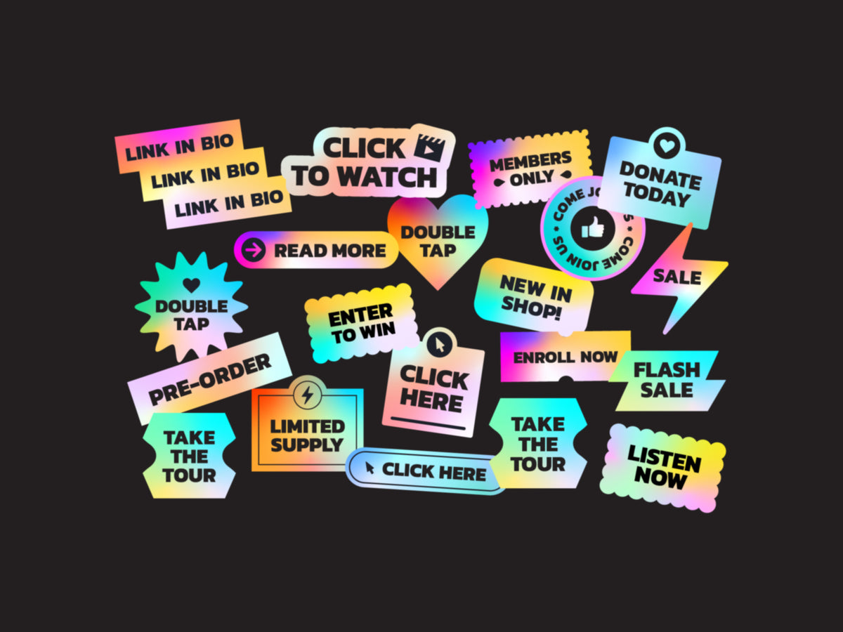 Colorful holographic style call to action digital stickers featuring “Link in Bio,” “Click Here,” “Sale,” and other promotional messages.