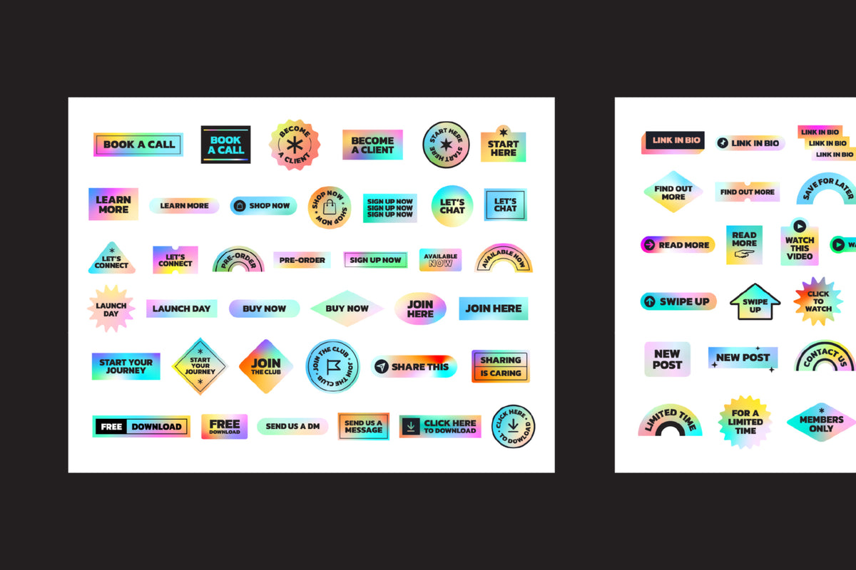Preview slide one of two featuring the holographic style call to action digital stickers.