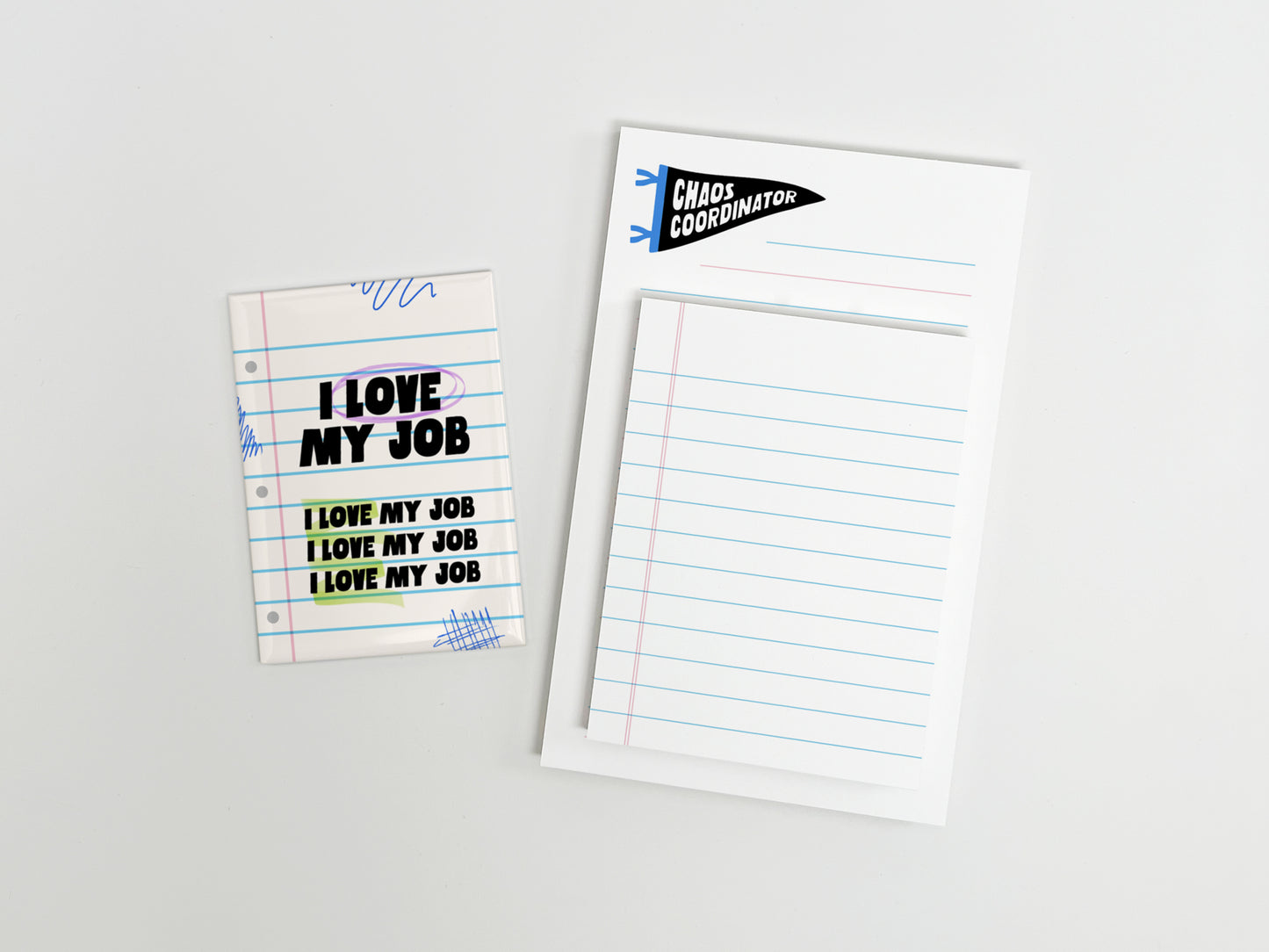 Funny office gift bundle featuring an I Love My Job magnet, mini lined notepad, and Chaos Coordinator notepad displayed separately on a white background.