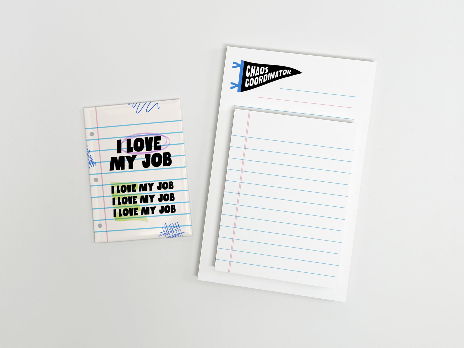 Funny office gift bundle featuring an I Love My Job magnet, mini lined notepad, and Chaos Coordinator notepad displayed separately on a white background.