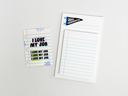 Funny office gift bundle featuring an I Love My Job magnet, mini lined notepad, and Chaos Coordinator notepad displayed separately on a white background.