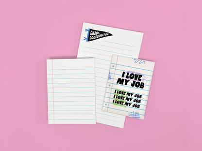 Funny coworker gift bundle featuring an "I Love My Job" magnet, mini notepad, and lined notepad on a pink background.