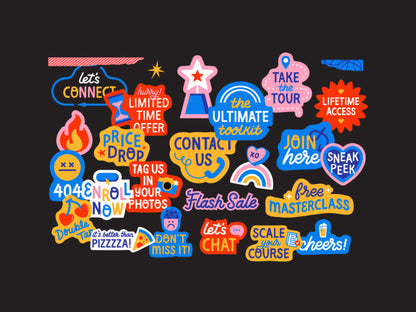 A collection of colorful, hand illustrated digital stickers arranged on a solid black background. The stickers feature various text slogans like 'let's CONNECT', 'PRICE DRED', 'CONTACT US', 'JOIN here', and 'FREE MASTERCLASS' in vibrant shades of blue, pink, yellow, orange, and red.