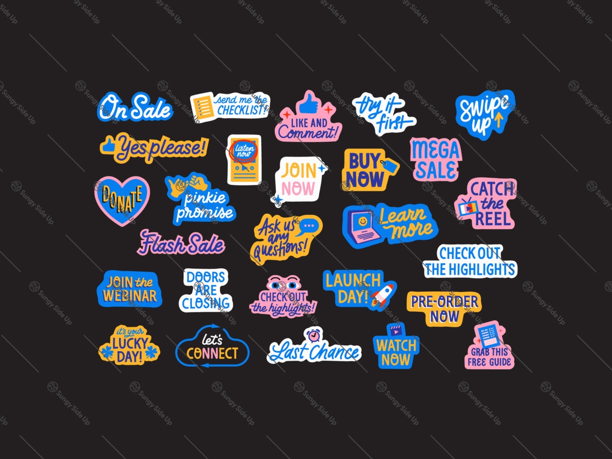 Preview slide of the illustrated call to action digital stickers displayed on a black background.