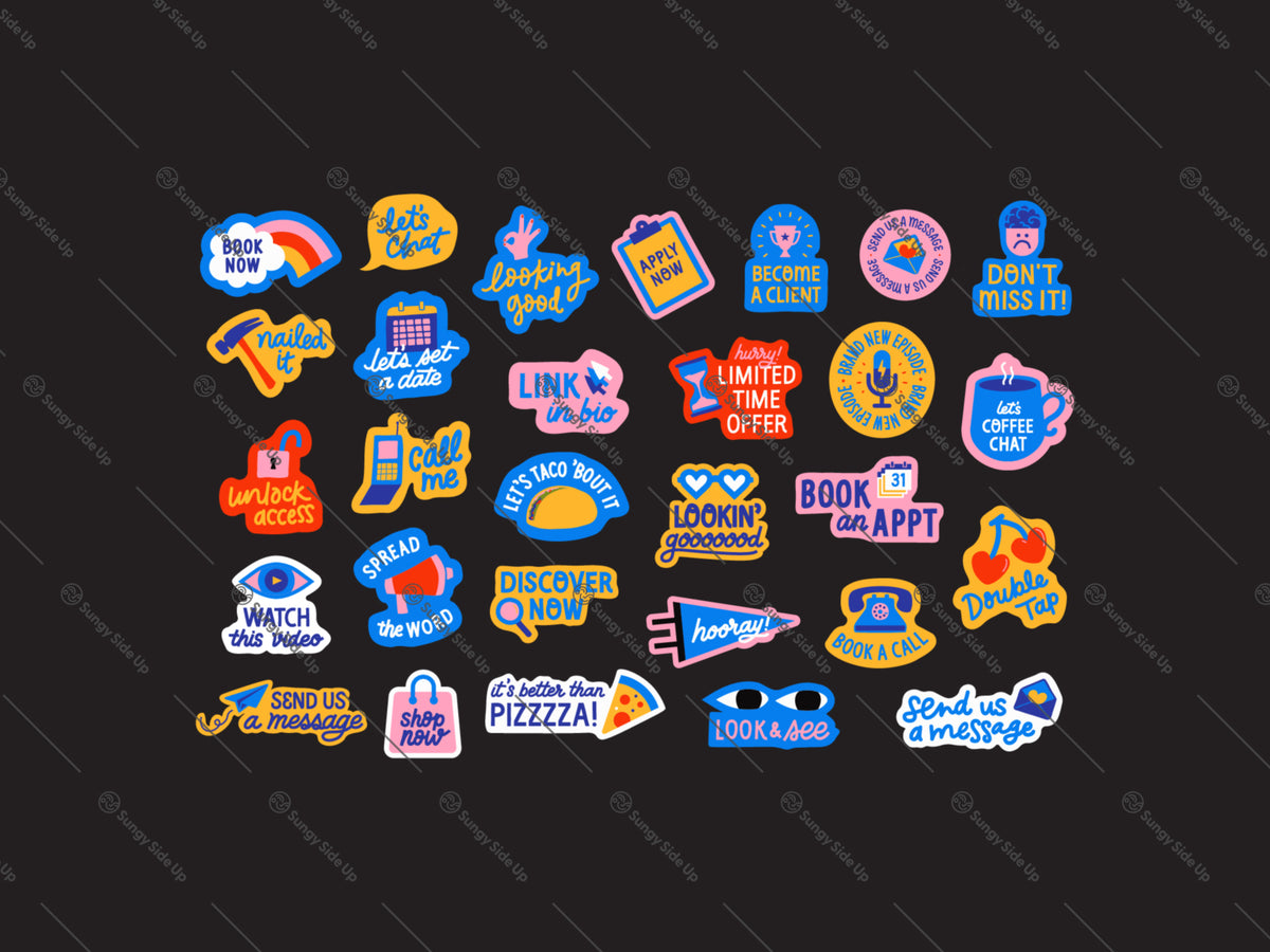 Preview slide of the illustrated call to action digital stickers displayed on a black background.