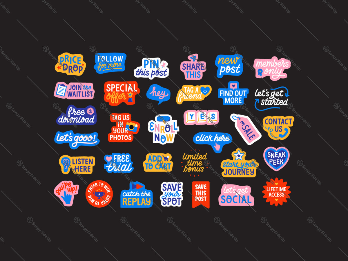 Preview slide of the illustrated call to action digital stickers displayed on a black background.