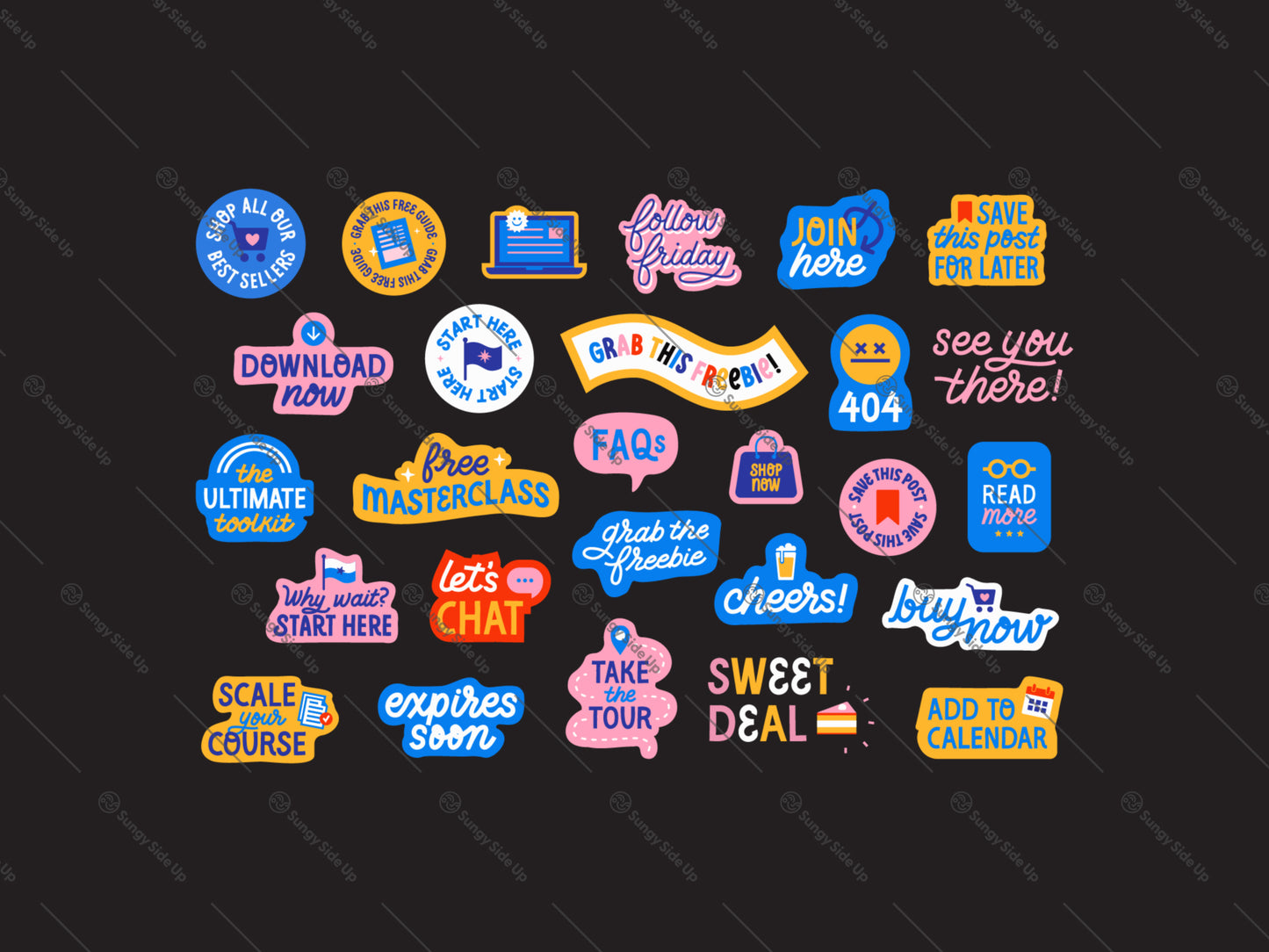A collection of colorful, hand illustrated digital sticker designs arranged in a grid on a black background. The designs feature playful typography and icons in shades of blue, yellow, pink, orange, and purple, including labels like 'Download now', 'FAQs', '404', 'Ultimate Discount', and 'See you there!'.