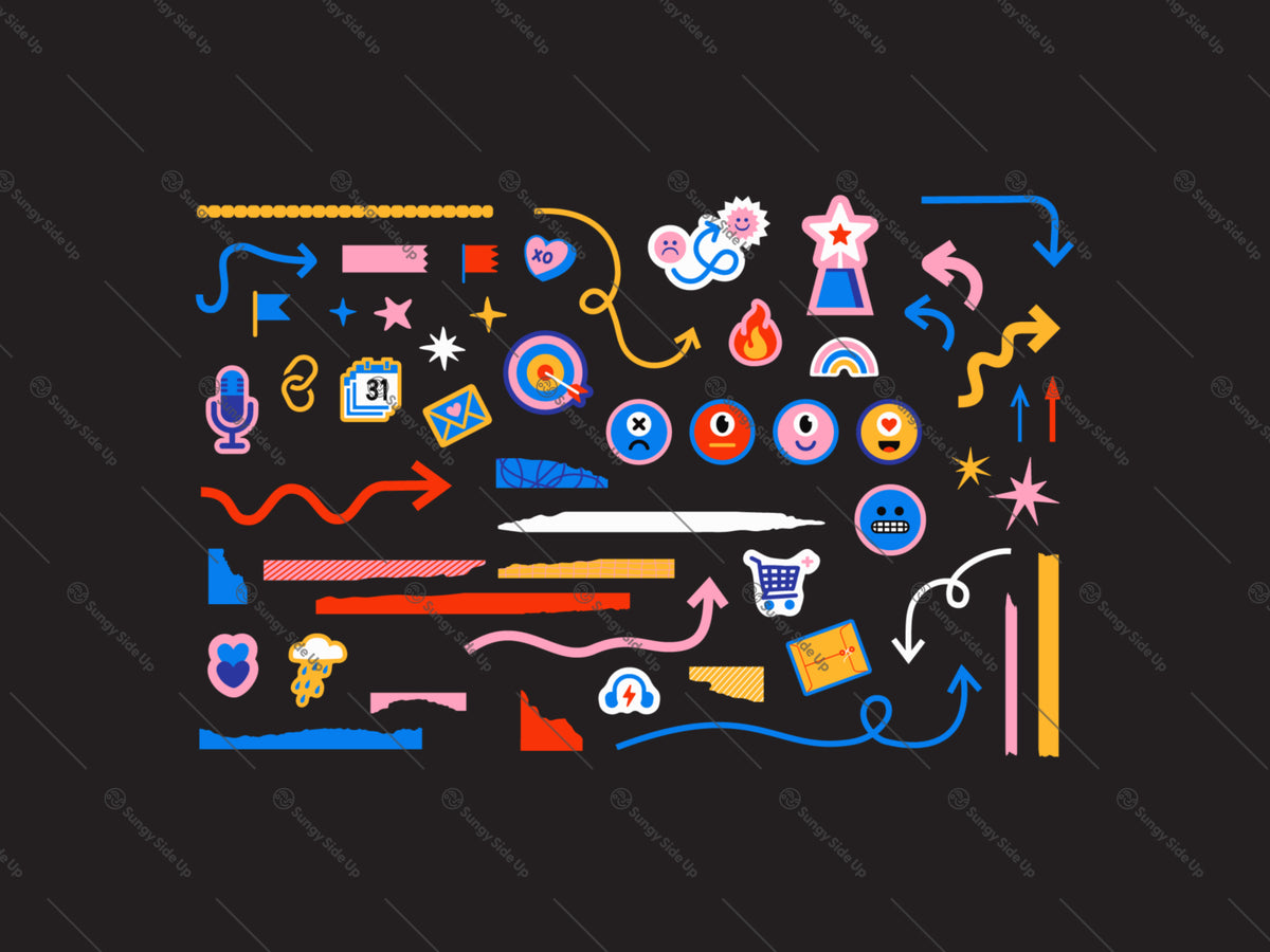 A collection of colorful, hand illustrated digital sticker designs arranged on a black background. The designs feature playful icons and elements in shades of blue, yellow, red, and pink.