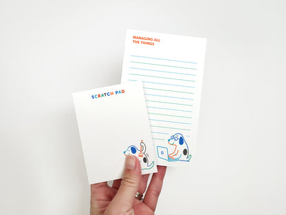 Managing All the Things notepad and scratch pad set with cute dog illustrations for to-do lists, notes, reminders, and desk organization.