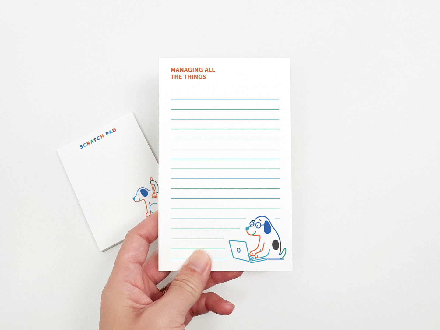 Managing All the Things notepad and scratch pad set with cute dog illustrations for to-do lists, notes, reminders, and desk organization.