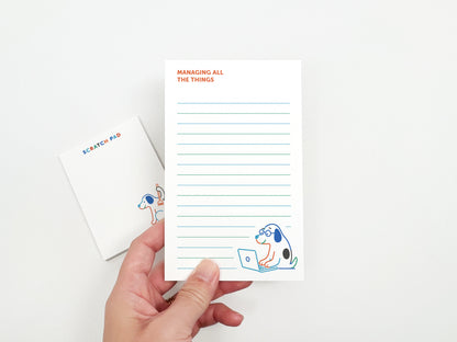 Managing All the Things notepad and scratch pad set with cute dog illustrations for to-do lists, notes, reminders, and desk organization.