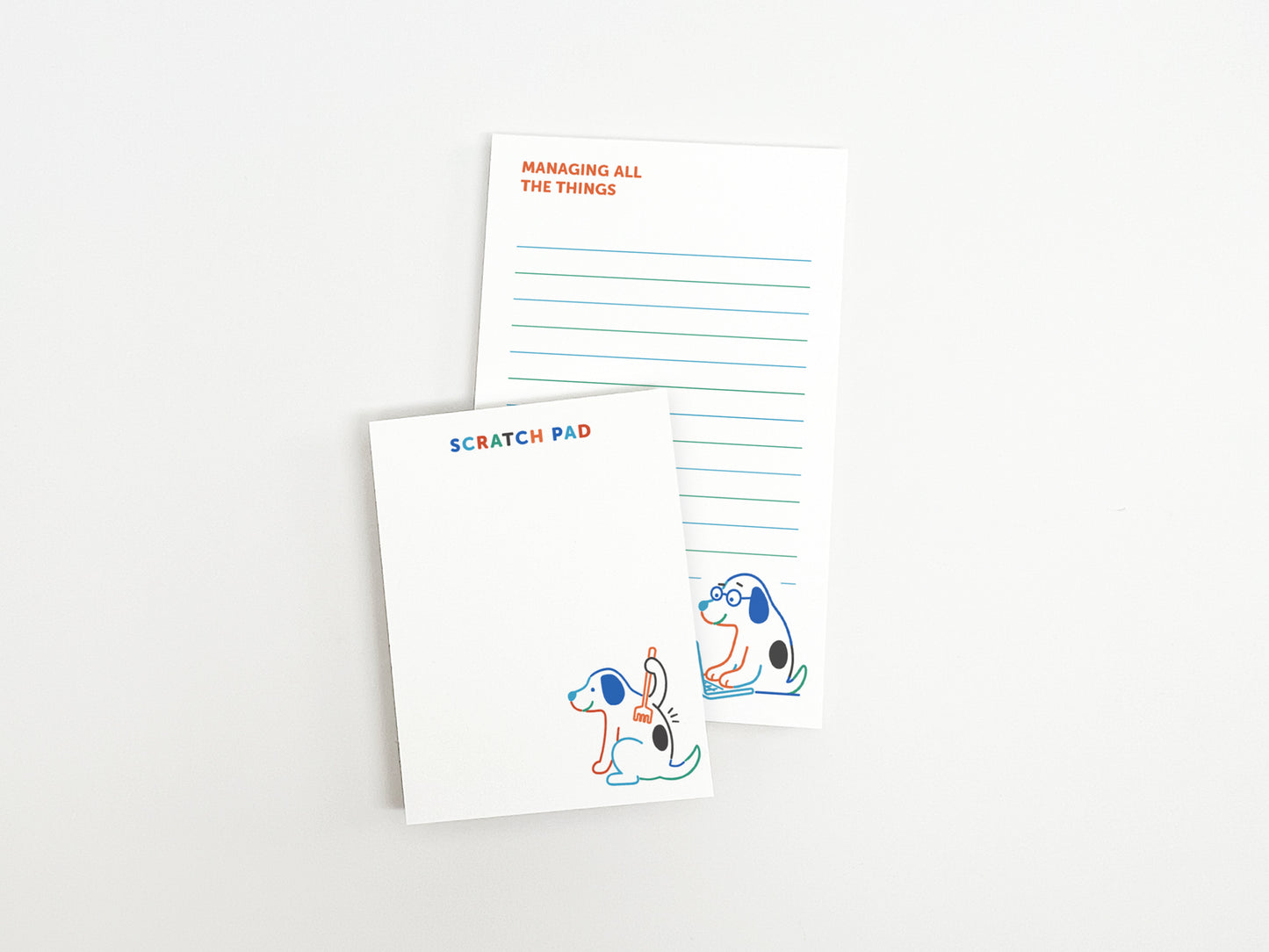 Matching "Managing All the Things" notepad and scratch pad set with cute dog illustrations for notes, reminders, to-do lists, and desk organization.