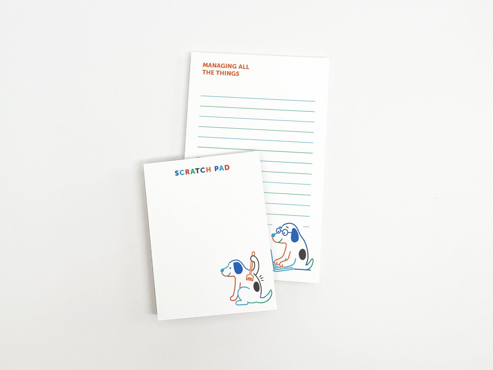 Matching "Managing All the Things" notepad and scratch pad set with cute dog illustrations for notes, reminders, to-do lists, and desk organization.
