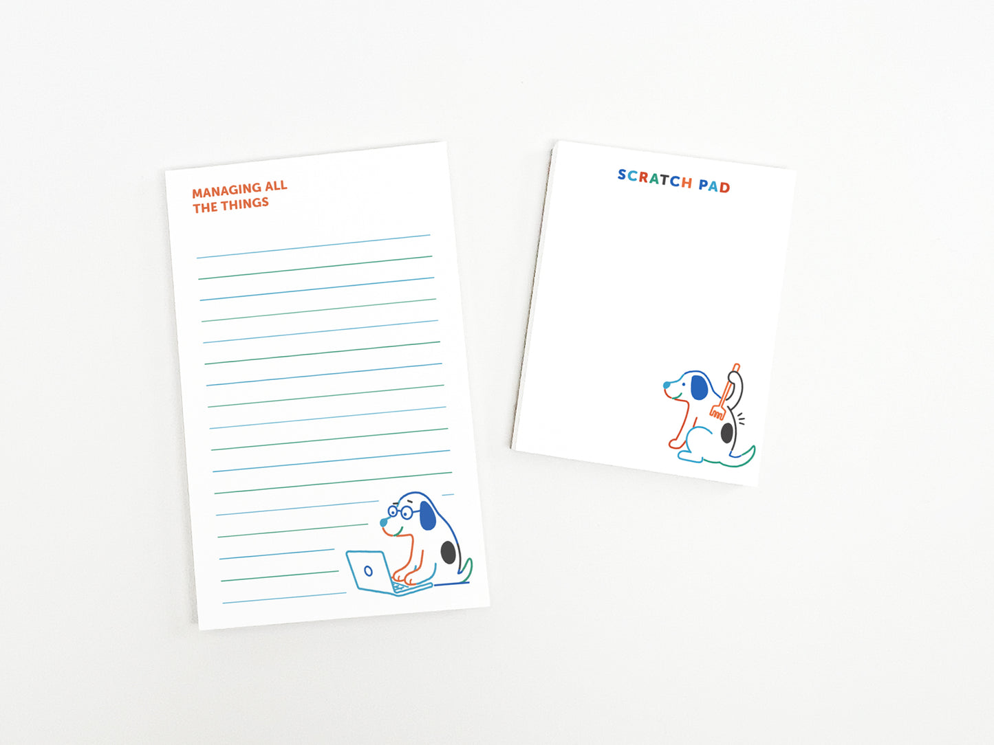 Managing All the Things notepad and scratch pad set featuring cute dog illustrations, perfect for to-do lists, notes, reminders, and desk organization.