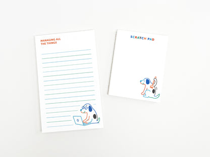 Managing All the Things notepad and scratch pad set featuring cute dog illustrations, perfect for to-do lists, notes, reminders, and desk organization.