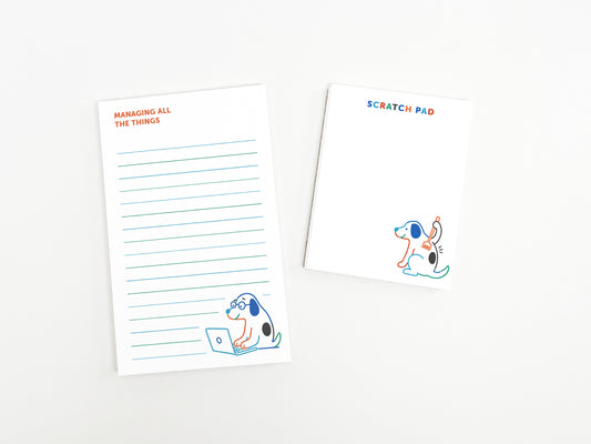 Managing All the Things notepad and scratch pad set featuring cute dog illustrations, perfect for to-do lists, notes, reminders, and desk organization.