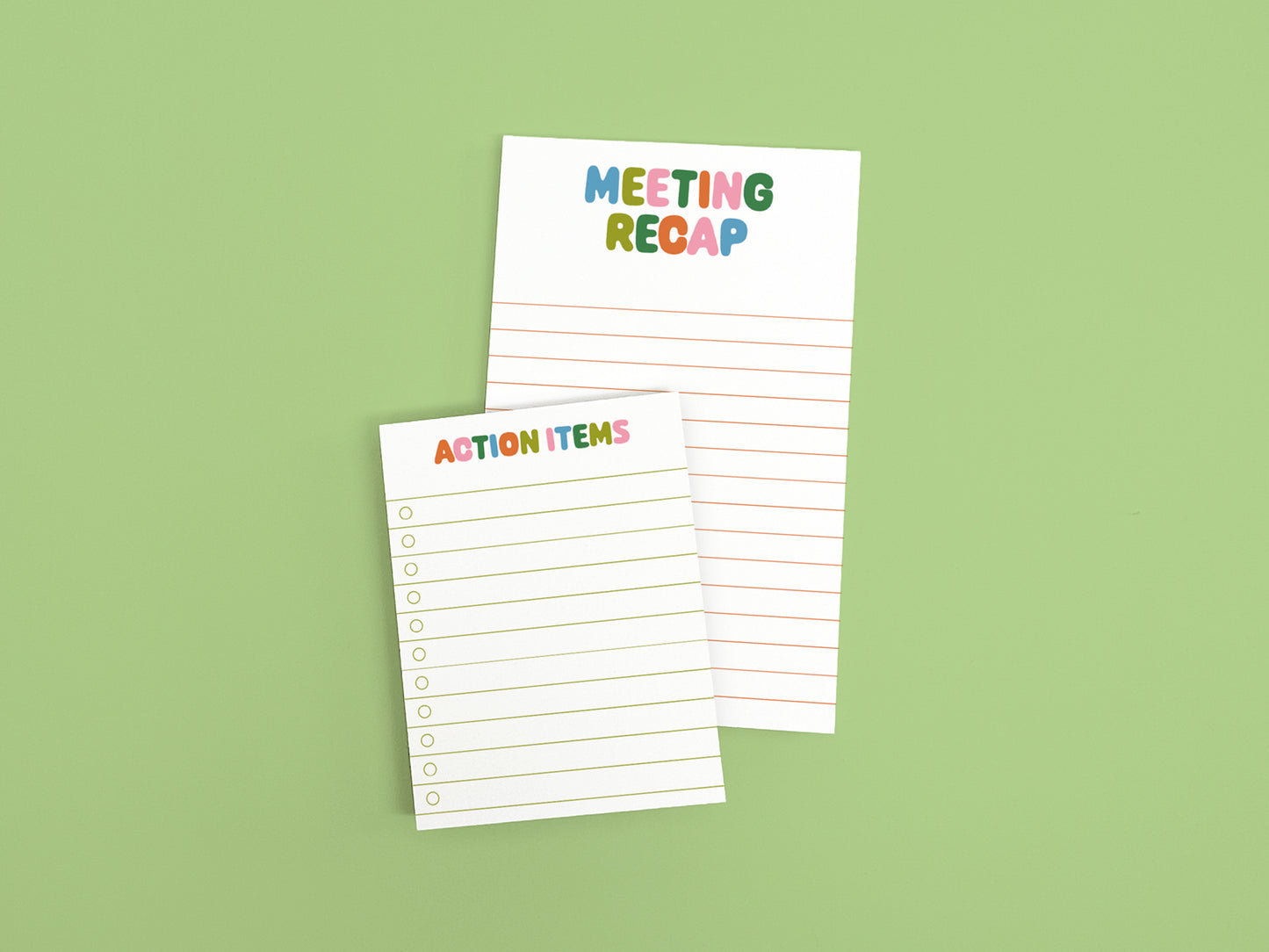Meeting Recap notepad and Action Items checklist notepad displayed on a light green background for organizing meeting notes and tasks.