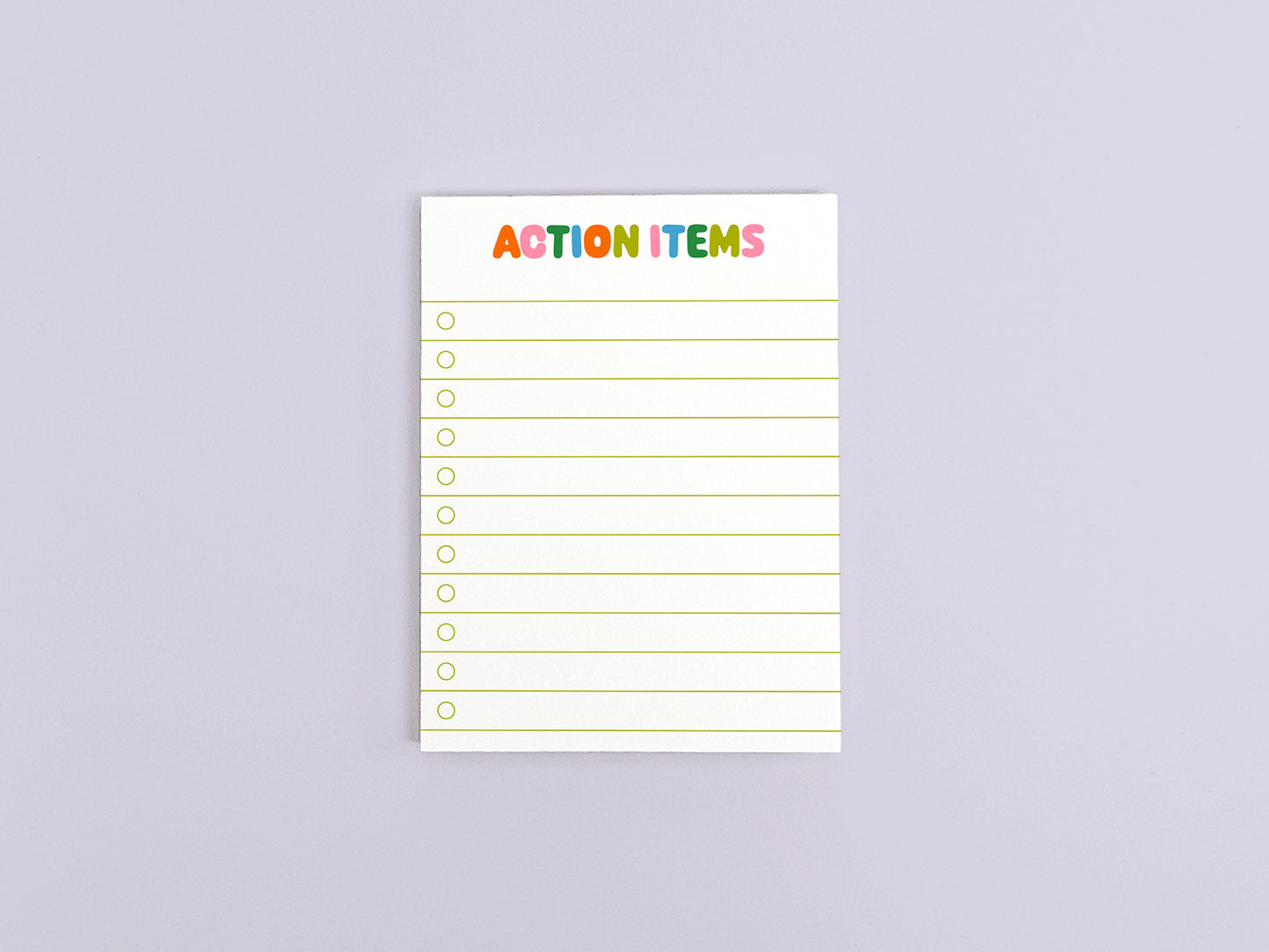 Action Items checklist notepad with colorful lettering for tracking tasks, meeting follow-ups, and daily to-do lists.