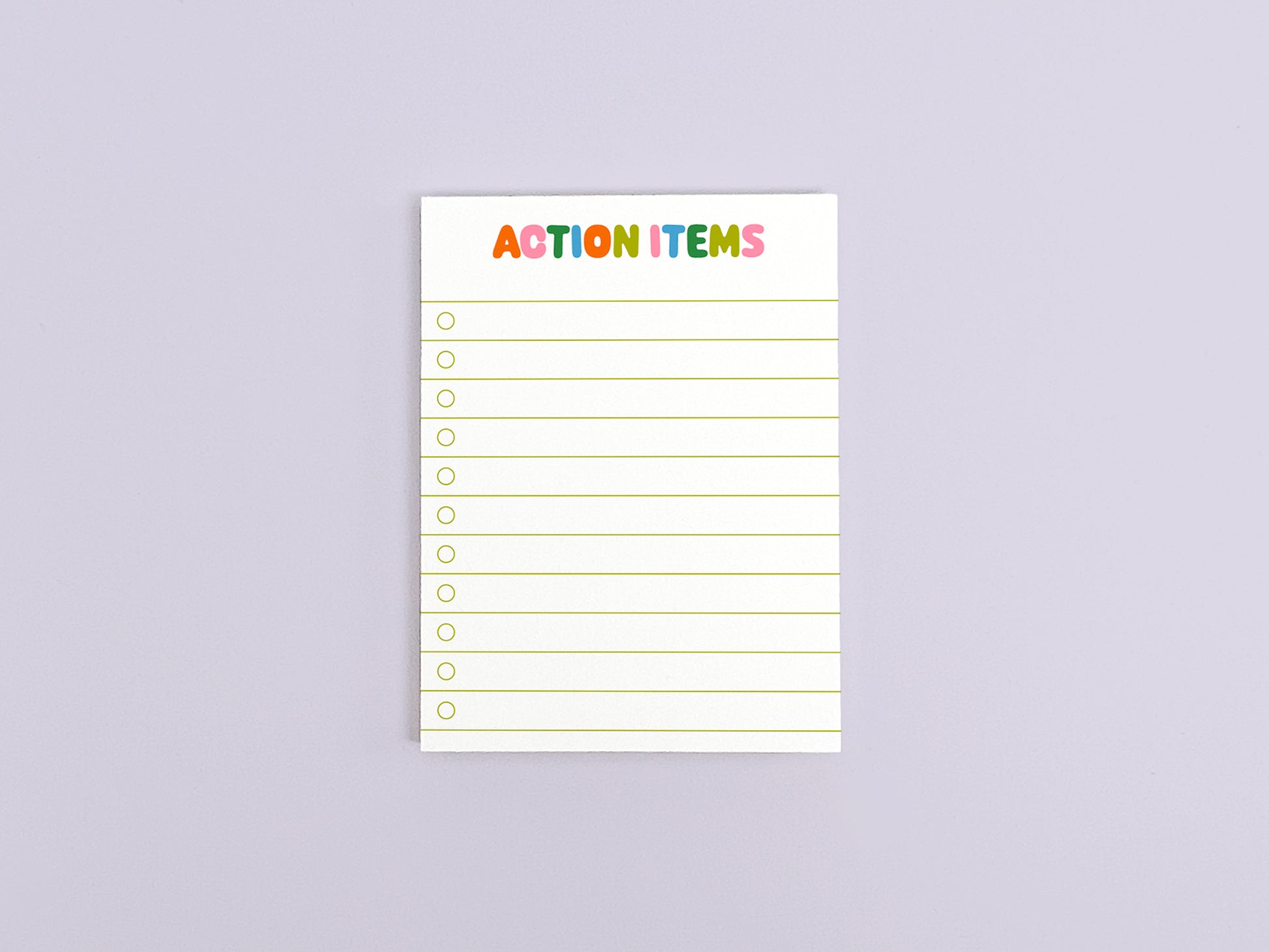Action Items checklist notepad with colorful lettering for tracking tasks, meeting follow-ups, and daily to-do lists.
