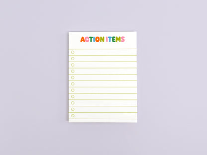 Action Items checklist notepad with colorful lettering for tracking tasks, meeting follow-ups, and daily to-do lists.